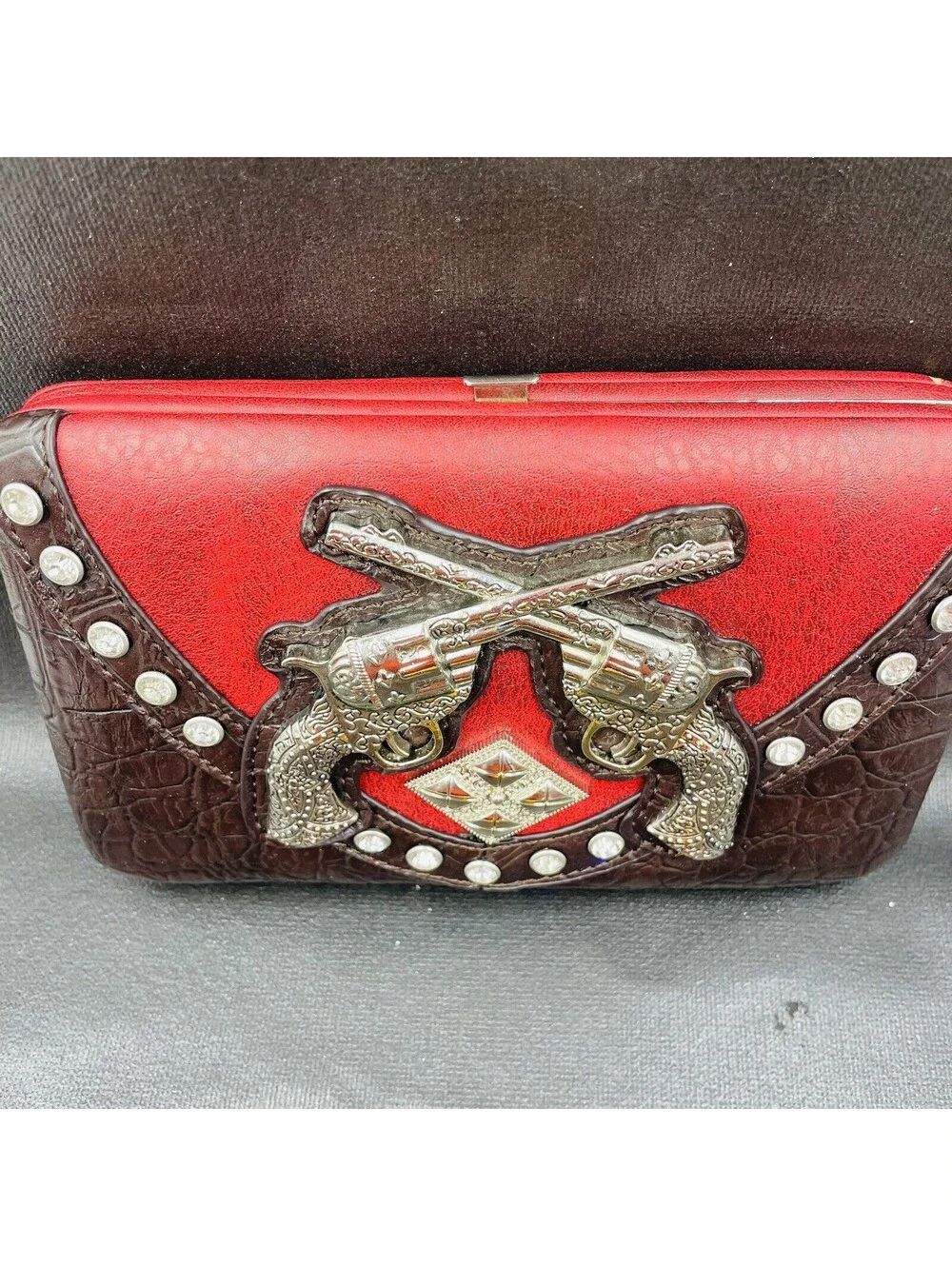 Texas Western Style Wallet Double Guns Red Burgundy & Black Silver Pistol Design